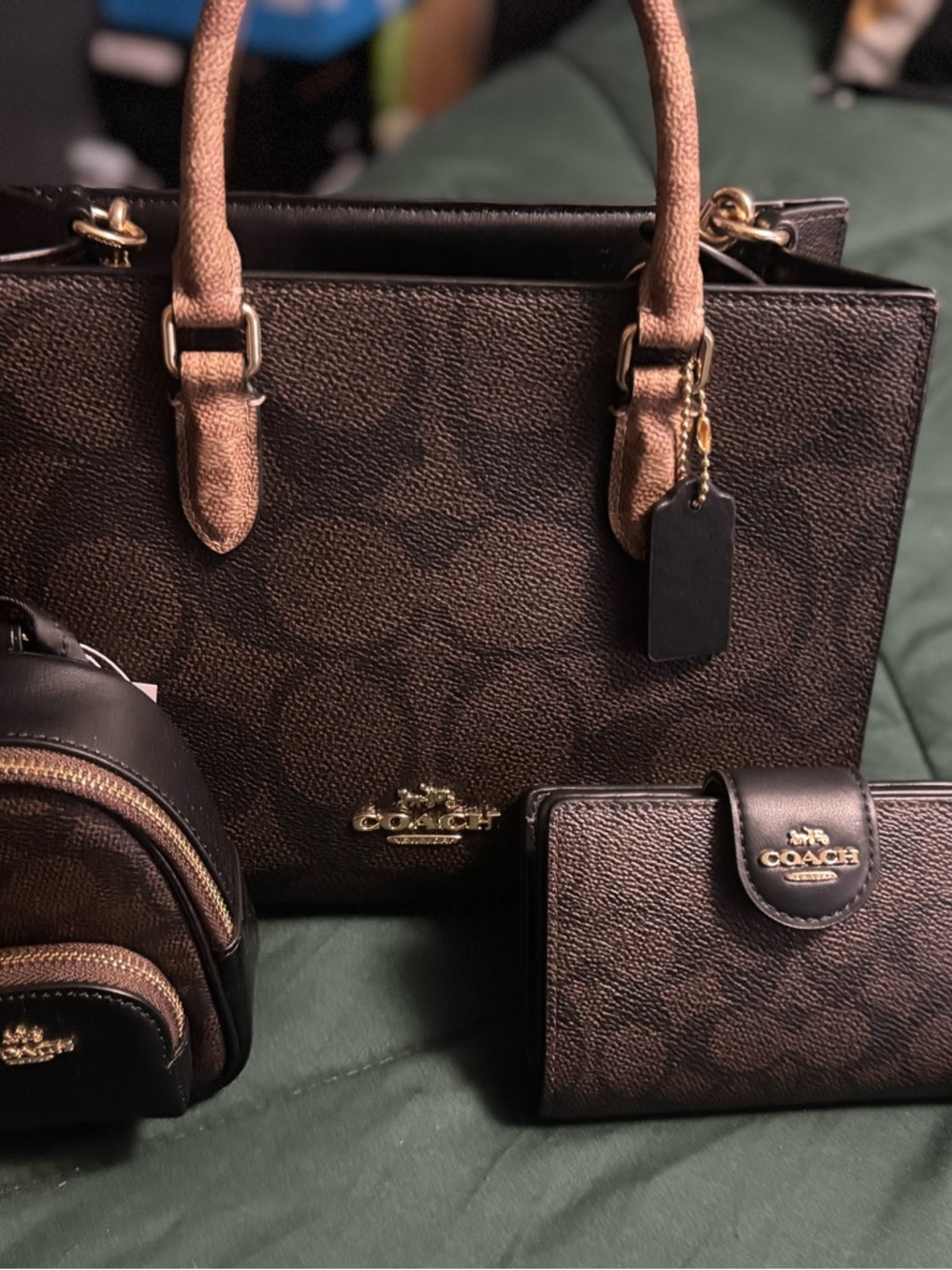 Coach Brown Signature Tote with Tan Handles and Gold Hardware